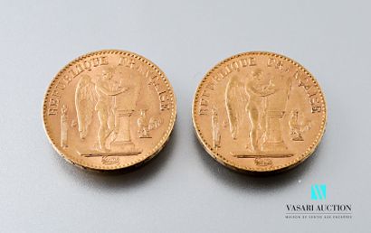 null Two 20 franc gold coins featuring the Genie after Augustin Dupré, 1895, workshop...