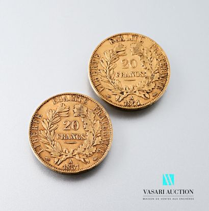 null Two 20 franc gold coins featuring Ceres engraved by Louis Merley, 1851, workshop...