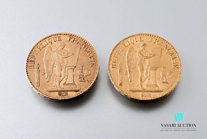 null Two 20 franc gold coins featuring the Genie after Augustin Dupré, 1876, workshop...