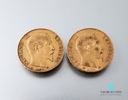 null Deux pièces en or de 20 francs figurant Napoléon III tête nue gravée par Albert-Désiré...