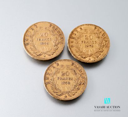null Trois pièces en or de 20 francs figurant Napoléon III tête nue gravée par Albert-Désiré...