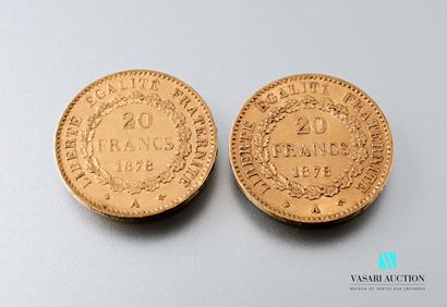 null Deux pièces en or de 20 francs figurant le Génie d'après Augustin Dupré, 1878,...