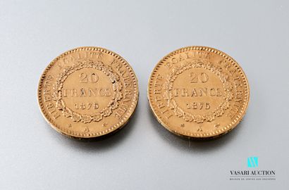 null Two 20 franc gold coins featuring the Genie after Augustin Dupré, 1875, workshop...