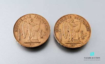 null Deux pièces en or de 20 francs figurant le Génie d'après Augustin Dupré, 1887,...