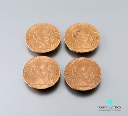 null Quatre pièces en or de 20 francs figurant Marianne et le Coq d'après Jules-Clément...
