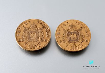null Deux pièces en or de 20 francs figurant Napoléon III tête laurée gravée par...