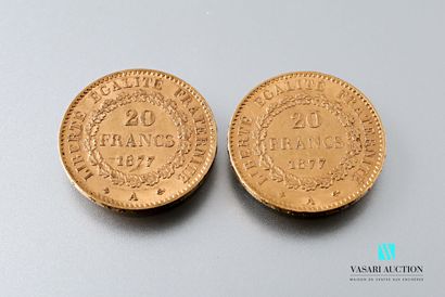 null Deux pièces en or de 20 francs figurant le Génie d'après Augustin Dupré, 1877,...