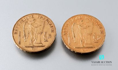 null Deux pièces en or de 20 francs figurant le Génie d'après Augustin Dupré, 1876,...