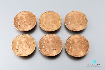 null Six pièces en or de 20 francs figurant Marianne et le Coq d'après Jules-Clément...