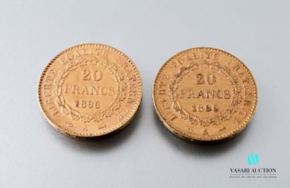 null Deux pièces en or de 20 francs figurant le Génie d'après Augustin Dupré, 1896,...