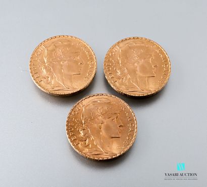 null Trois pièces en or de 20 francs figurant Marianne et le Coq d'après Jules-Clément...