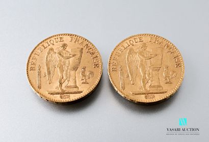 null Deux pièces en or de 20 francs figurant le Génie d'après Augustin Dupré, 1877,...