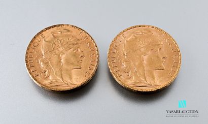 null Deux pièces en or de 20 francs figurant Marianne et le Coq d'après Jules-Clément...