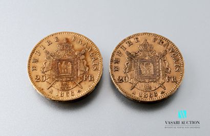 null Deux pièces en or de 20 francs figurant Napoléon III tête laurée gravée par...