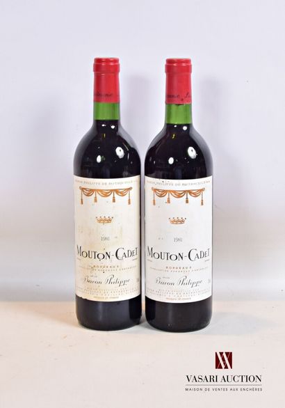 null 2 bouteilles	MOUTON CADET	Bordeaux mise nég.	1981

	Et.: 1 un peu tachée, 1...