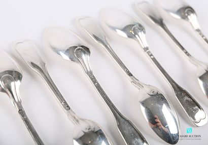 null Set of twelve silver mocha spoons, the handle decorated with filets.

Weight...