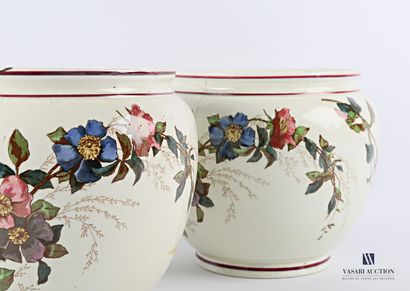 null Pair of fine earthenware planters of ovoid form with polychrome printed decoration...