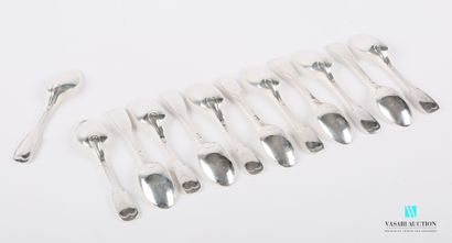 null Set of twelve silver mocha spoons, the handle decorated with filets.

Weight...