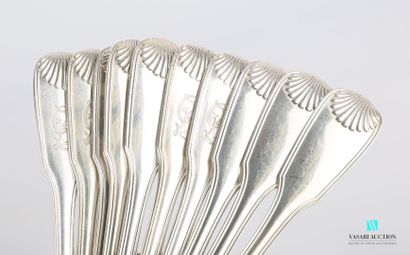 null Set of ten silver spoons, the handle decorated with fillets ending with a large...