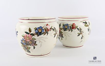 null Pair of fine earthenware planters of ovoid form with polychrome printed decoration...