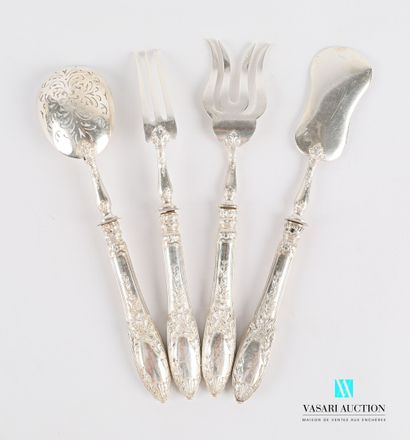 null Silver condiment set with four pieces, the handles in filled silver decorated...