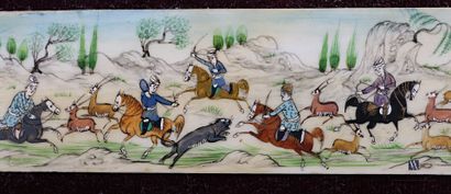 null Lot of seven frames including a painting on resin figuring gazelle hunters on...
