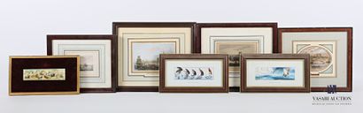 null Lot of seven frames including a painting on resin figuring gazelle hunters on...