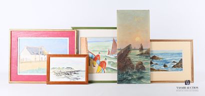 null Lot de cinq tableaux comprenant une aquarelle figurant deux marins sur une bateau...