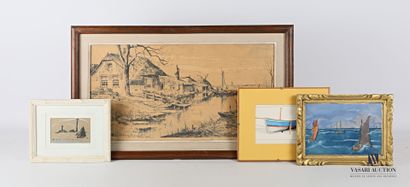 null Lot of four framed pieces including a watercolor representing a maritime scene...