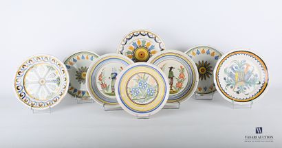 null Set of eight earthenware plates with polychrome decoration of flowers, flowered...