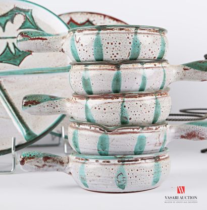 null Glazed terracotta fondue set with polychrome thistle decoration including a...