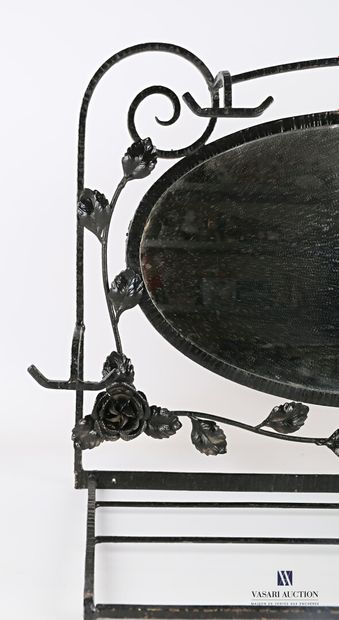 null Black lacquered wrought iron wall-mounted coat rack decorated with rose branches...