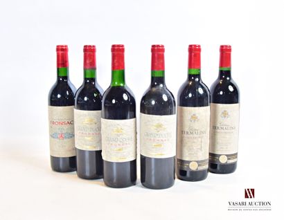 null Lot of 6 bottles including :

2 bottles Château TERMALINE Canon Fronsac 2001

	Bronze...