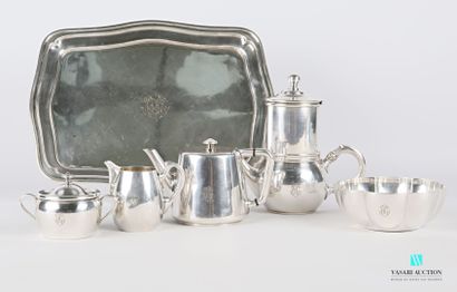 null A silver plated tea and coffee set comprising a rectangular tray with a moving...