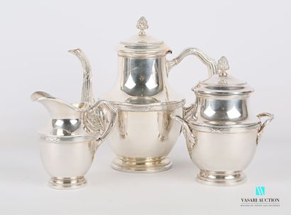 null Silver plated tea service, the fretel simulating a grain fruit, the handles...