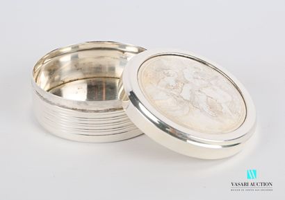 null Round box of silver plated metal, the lid decorated with a medallion showing...