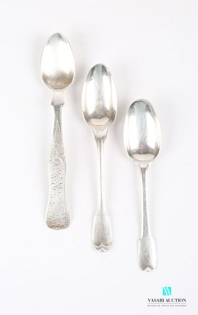 null Lot comprising two silver tea spoons, one with a net decoration, the other plain,...
