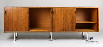 null Veneer sideboard opening on the front with four sliding doors revealing shelves,...