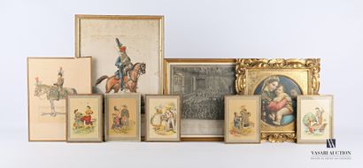 null Lot of nine framed pieces including a suite of five reproductions by E. Maudy...