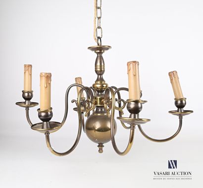 null Dutch brass chandelier with six lights, the turned shaft supporting six scrolled...