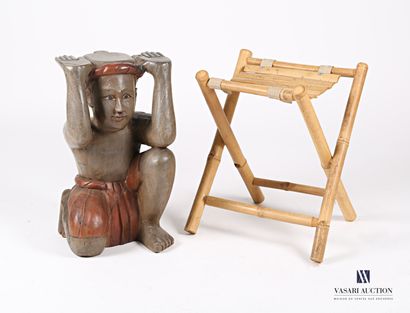 null Lot comprenant un tabouret en bois sculpté polychrome figurant un indien accroupi...