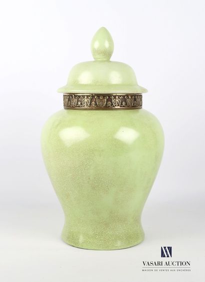 null Covered pot of baluster form in cracked porcelain tinted green anise, the lid...