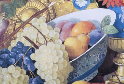 null R.TANGUY (XXth century)

Still life with grapes, lemons, mandarins and flowers...