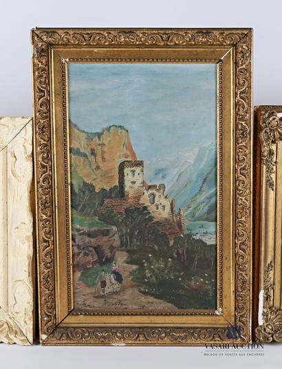 null Lot including three paintings :

- BOURGUERY Mary (XXth century) - View of a...