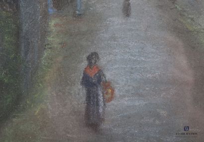 null ANONYME (XXème siècle)

Femme au fichu rouge dans un village 

Pastel sur papier

Signé...