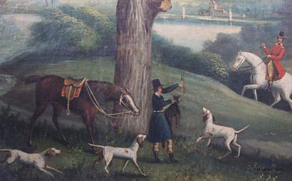null French school of the 19th century 

Return of a hunt 

Oil on canvas 

(breaks...