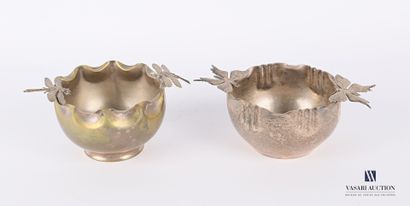 null Two bowls in embossed metal, one with a decoration of two butterflies on the...