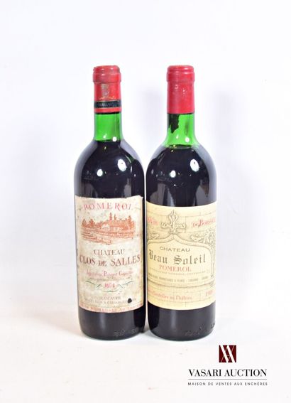 null Lot de 2 bouteilles comprenant :		

1 bouteille	Château CLOS DE SALLES	Pomerol	1974

1...
