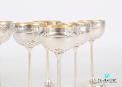 null Suite of six silver plated shot glasses standing on a round foot with doucine...