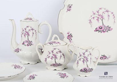 null Tea set in white porcelain with printed decoration of cherry trees and flowers...